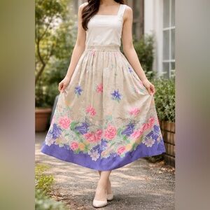 Vintage UMI Anne Crimmins Silk Floral Midi Skirt  Romantic Cottagecore Size 8